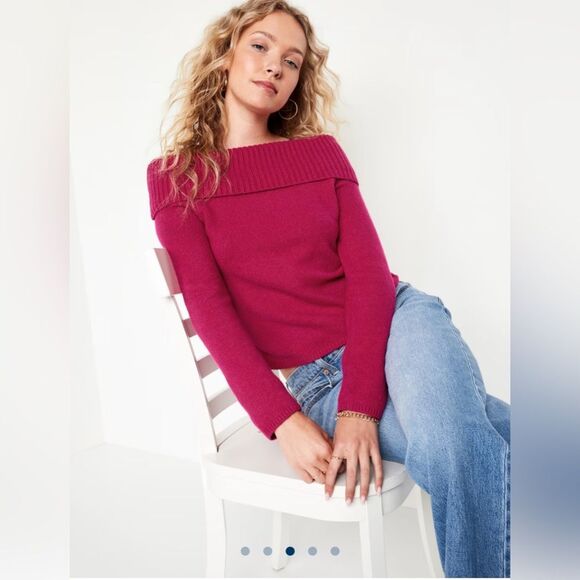 Old Navy SoSoft Off Shoulder Sweater Vivid Pink Berry Fine Sz XS - Picture 1 of 6